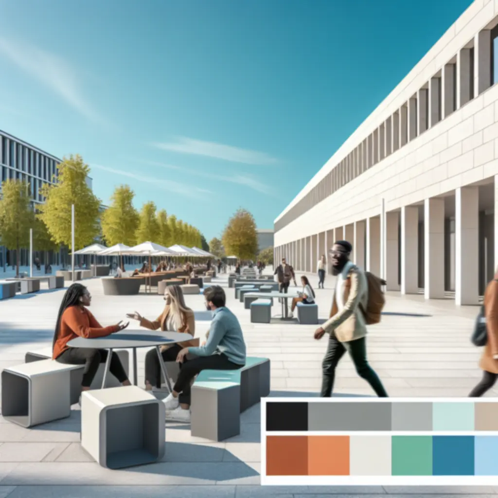 Nowoczesny miejski plac z ławkami i zielenią