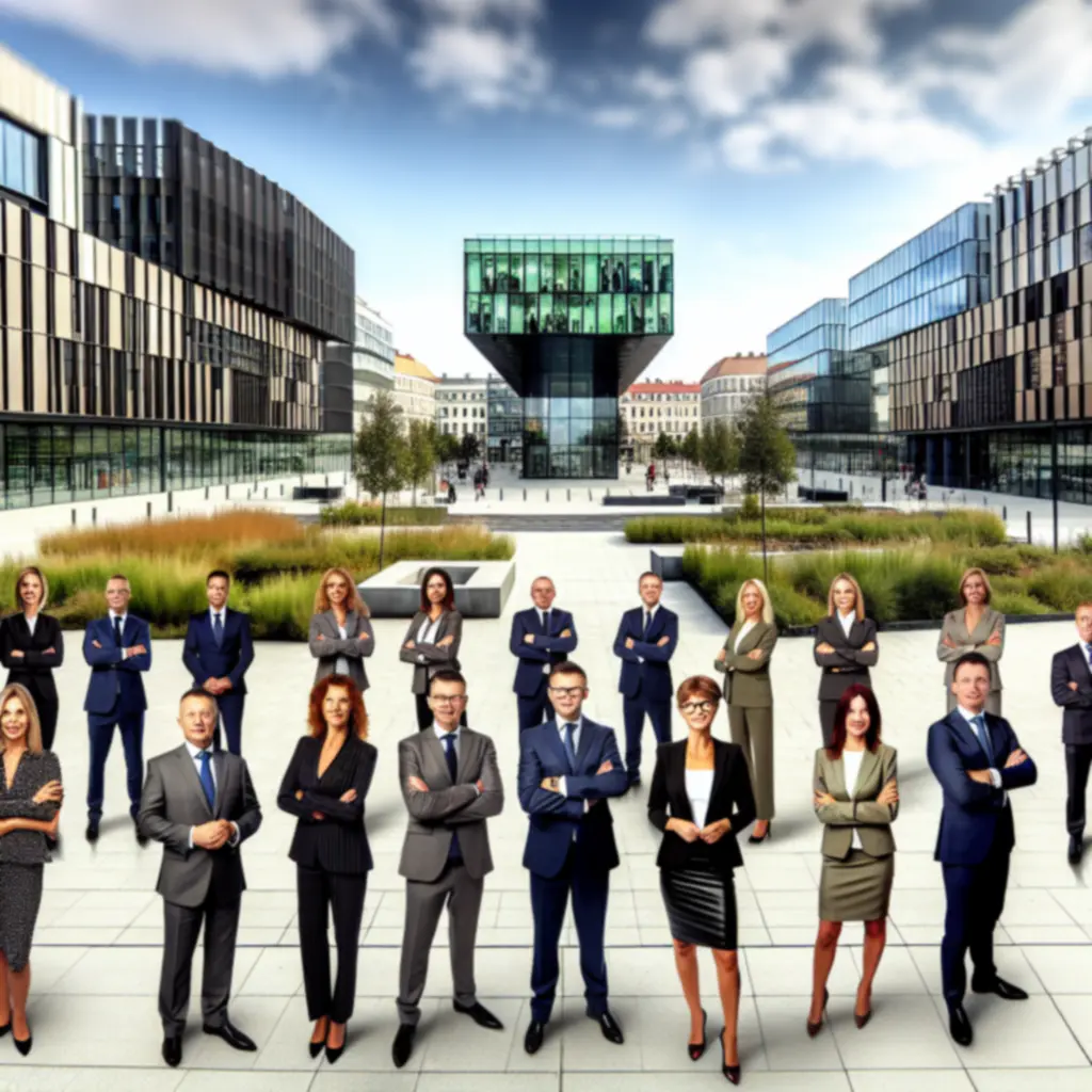 Zespół liderów Urbanfurniturepl podczas dyskusji strategicznej na tle nowoczesnej miejskiej zabudowy.