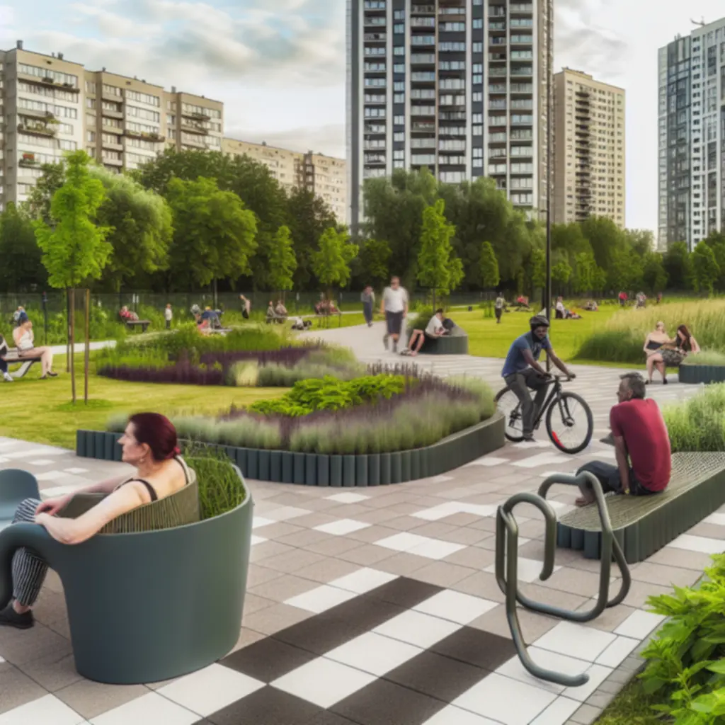 Nowoczesne meble miejskie Urbanfurniturepl w zielonej, miejskiej przestrzeni parku