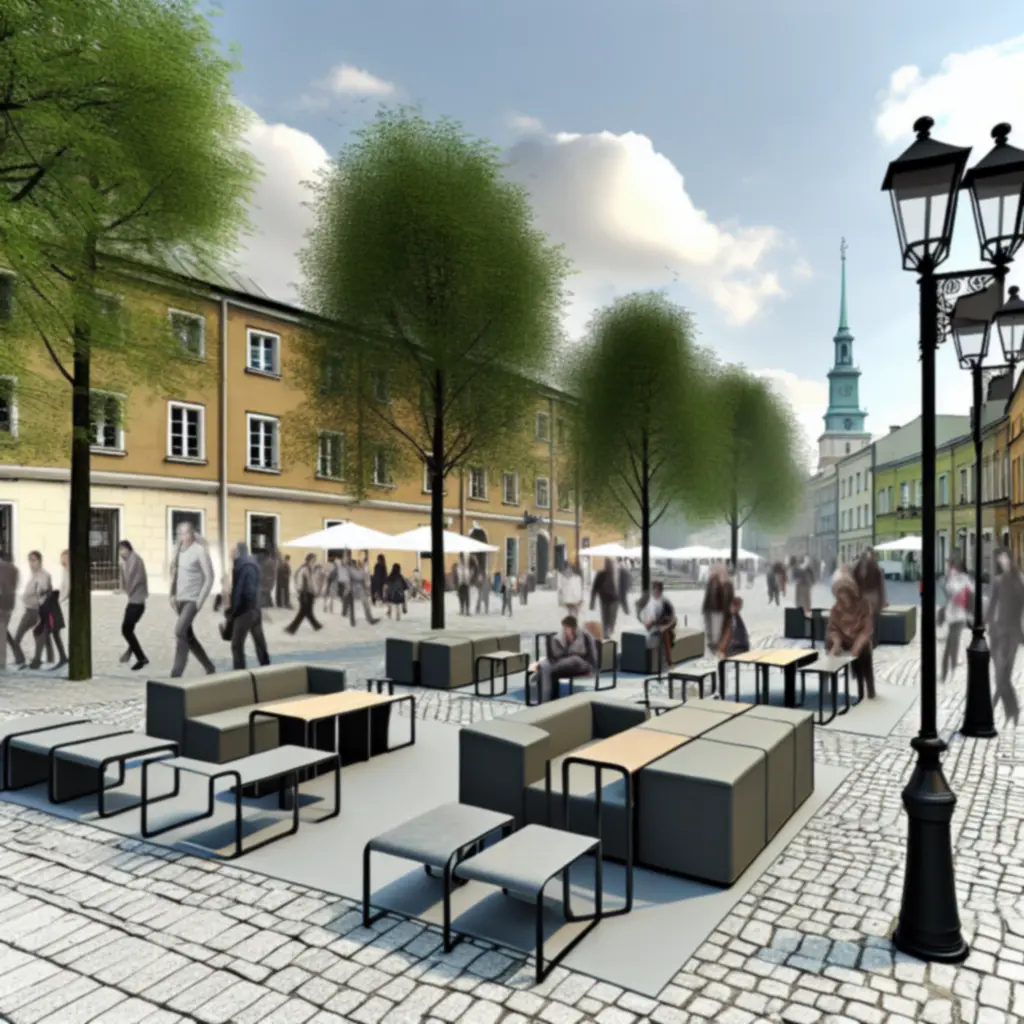 Realizacja Urbanfurniturepl z meblami miejskimi w polskim mieście, tworząca przyjazne miejsce odpoczynku