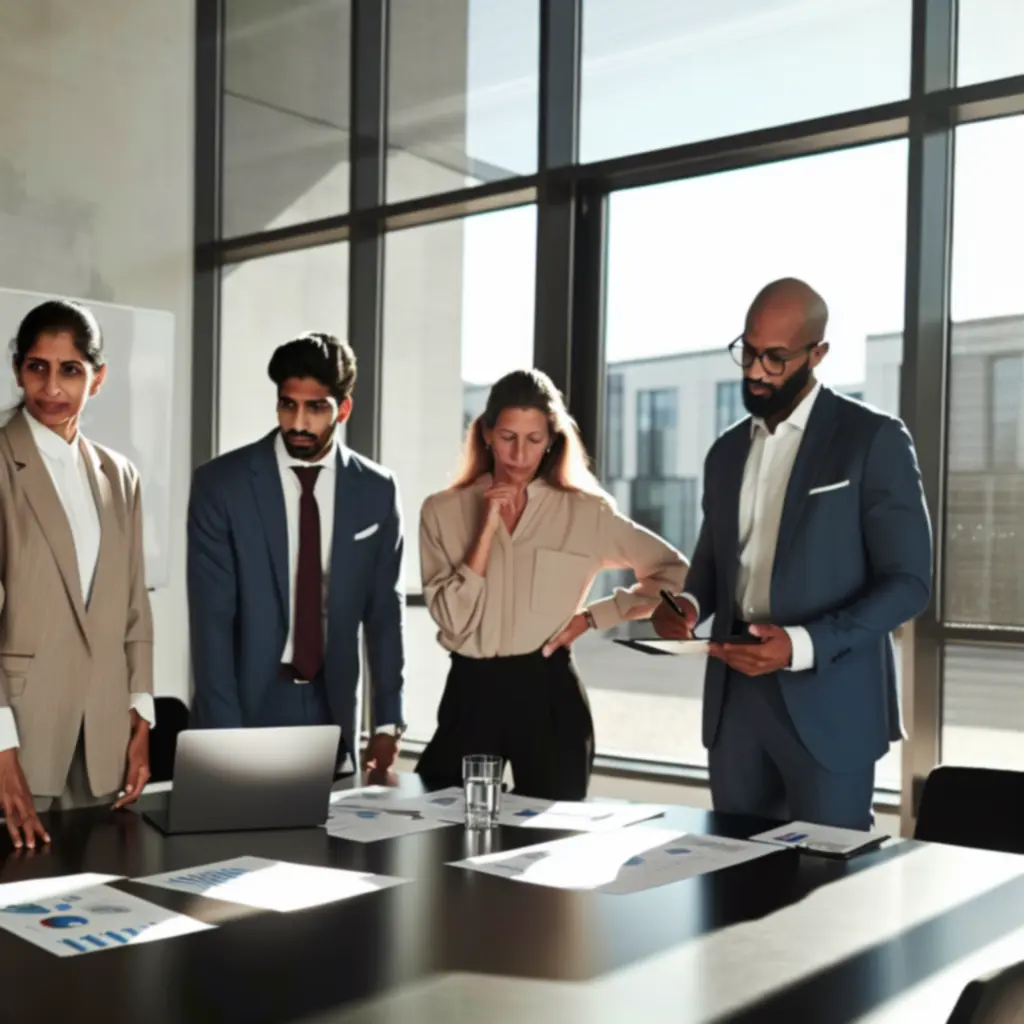 Zespół liderów Urbanfurniturepl omawiający projekt mebli dla nowoczesnej przestrzeni miejskiej w biurze.