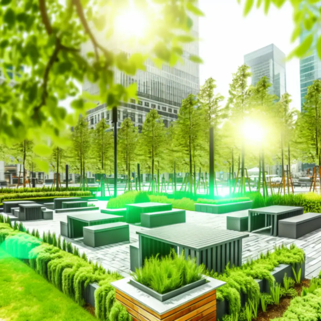 Meble miejskie Urbanfurniturepl w otoczeniu zieleni miejskiej, integrujące naturę z tkanką miejską.